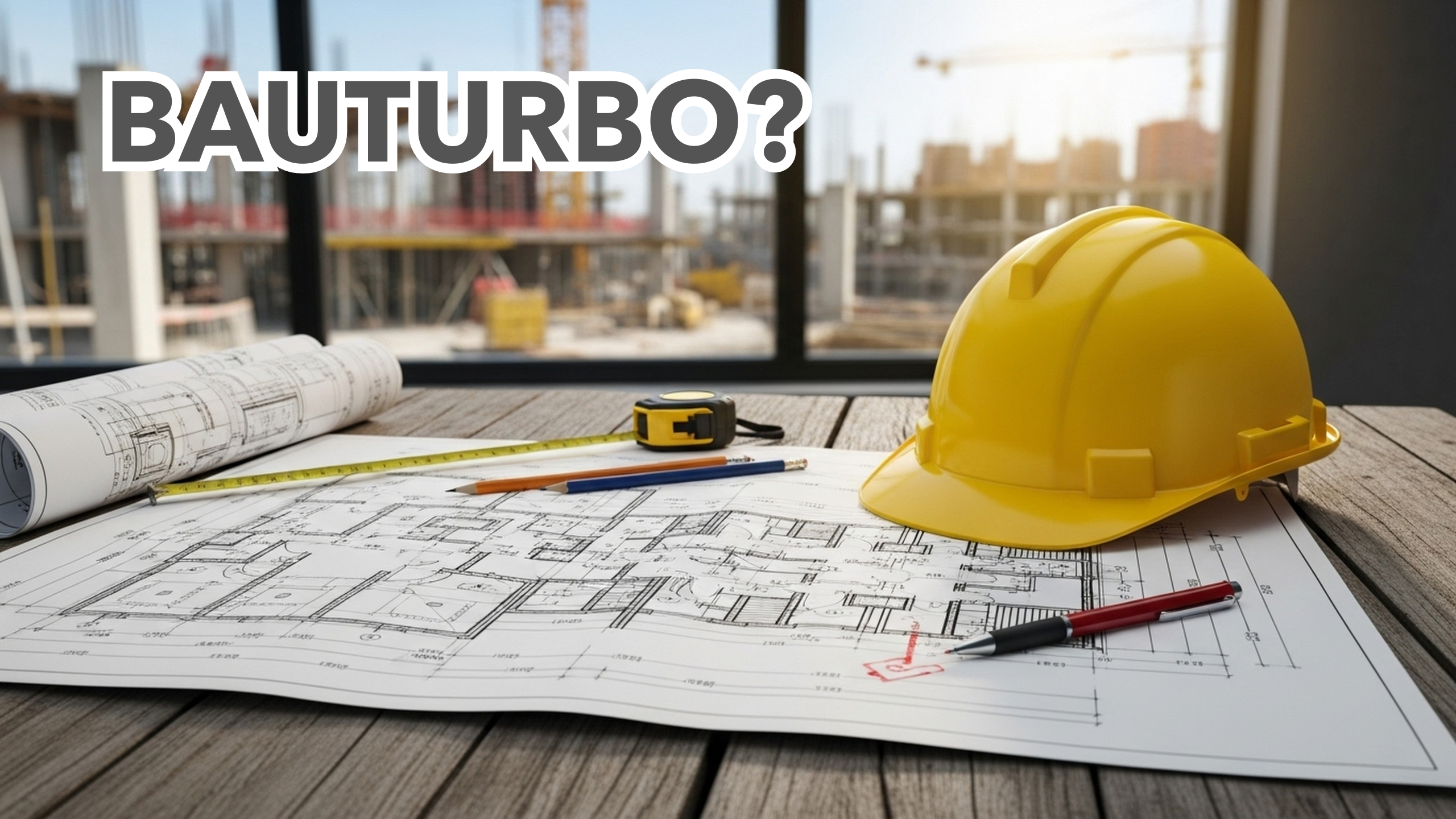 „Baupläne, Maßband und ein gelber Bauhelm liegen auf einem Tisch vor einer unfertigen Baustelle. Das Bild symbolisiert den Bauturbo im Wohnungsbau und die Diskrepanz zwischen politischen Beschleunigungszielen und der praktischen Umsetzung.“